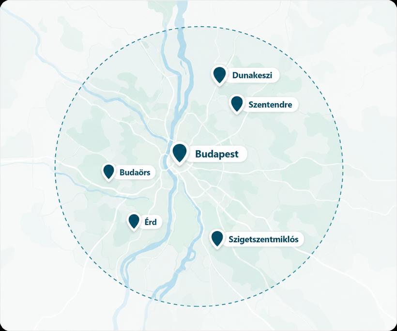 Budapest és Pest megye térkép Dunakeszi, Szentendre, Budapest, Budaörs, Érd és Szigetszentmiklós jelöléssel