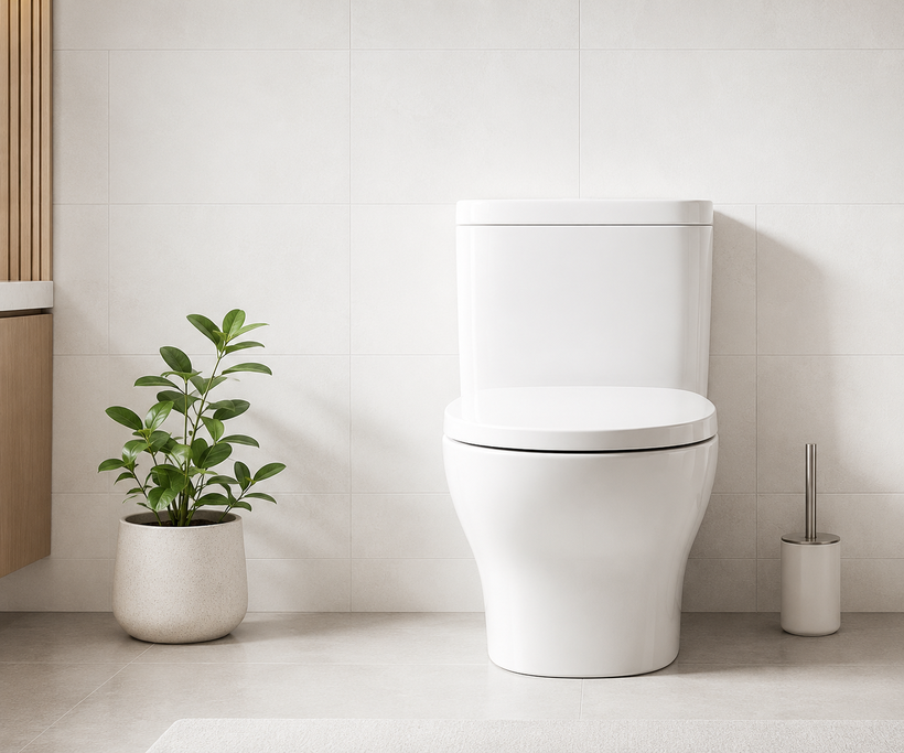 Modern, tiszta fürdőszoba fehér WC-vel, növénnyel és WC-kefével